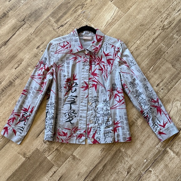 Chico's jacket size 2 Gray Red Bamboo Asian print - Picture 1 of 5